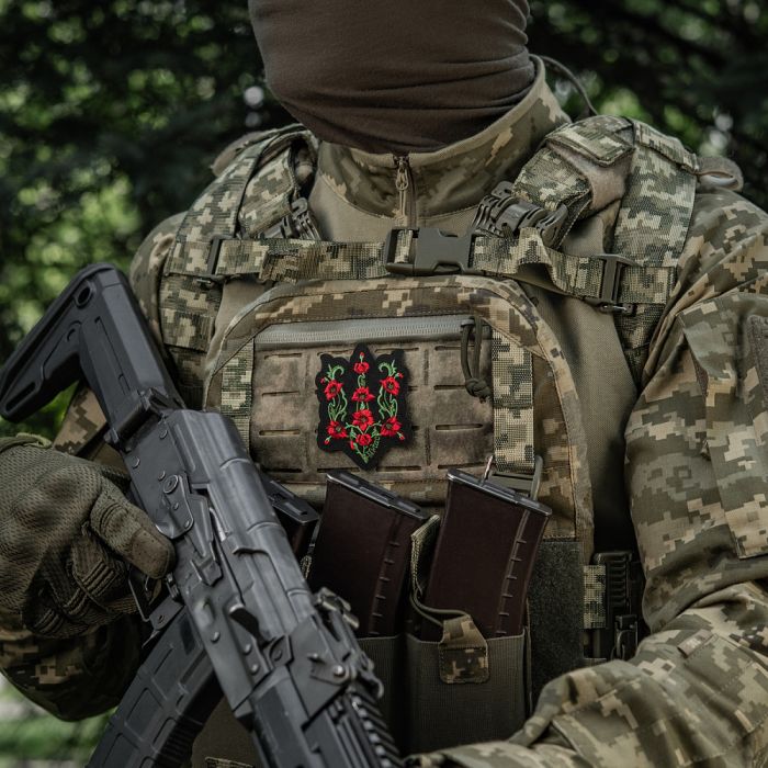 M-Tac нашивка Тризуб Червоний мак (вишивка) Black